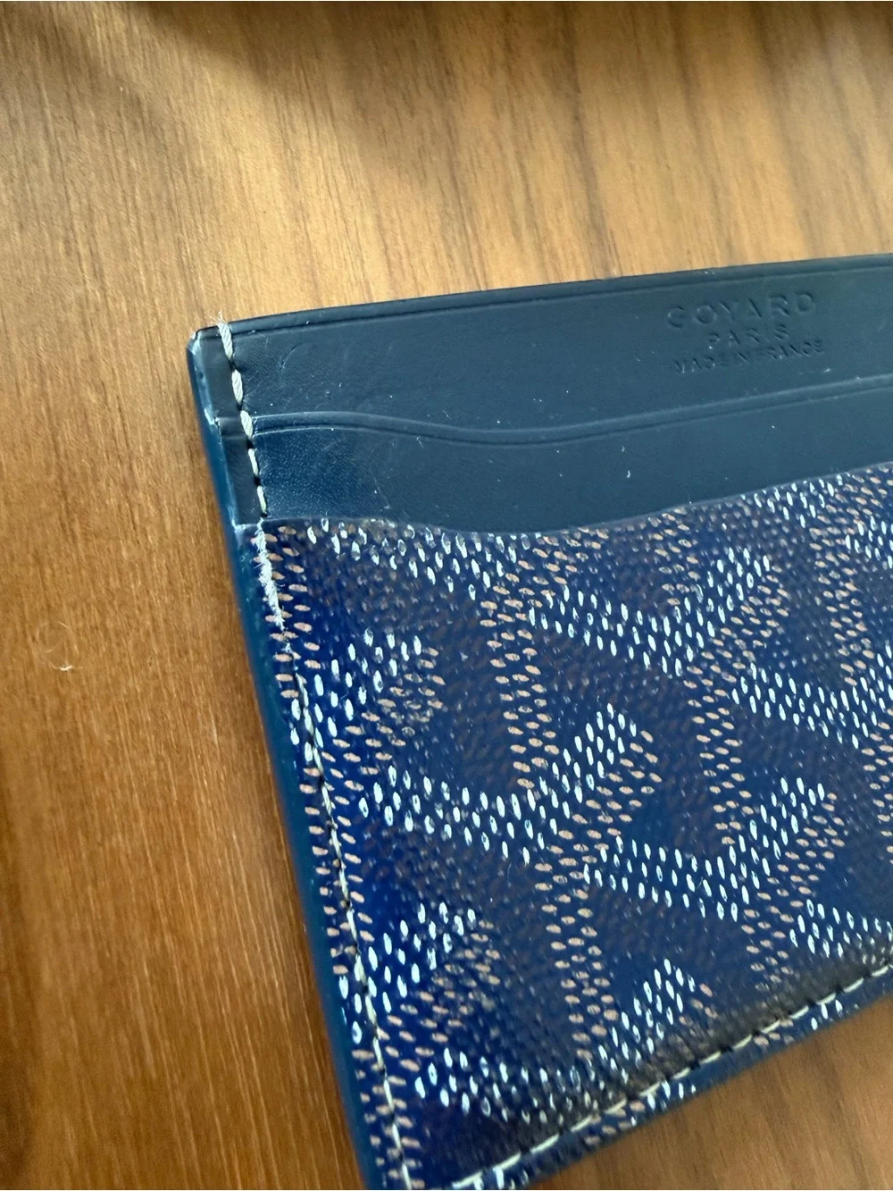 Goyard Blue Patterned Card Holder with Navy Leather Trim